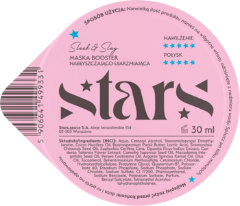 Góra opakowania różowej maski Slack & Slay Stars 30 ml, z opisem nawilżenie i połysk.