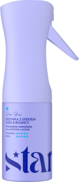 Jasnofioletowa odżywka w sprayu Glow Brew "Sleek & Bouncy" z niebieskim napisem "star", widok z przodu pod kątem.