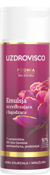 UZDROVISCO Peonia emulsja oczyszczająca do cery dojrzałej, różowa butelka z ilustracją kwiatu, przód.