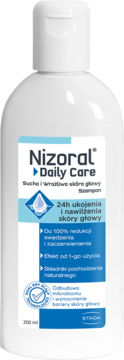 Biała butelka szamponu Nizoral Daily Care 200 ml do suchej skóry głowy, ukojenie i nawilżenie, widok z przodu.