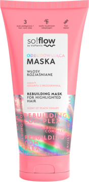Różowa tuba maski so!flow Rebuilding do włosów rozjaśnianych, widok z przodu, zapach brzoskwiniowy jogurt.