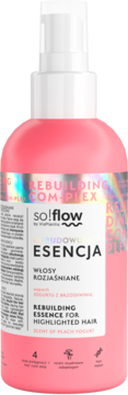 Różowa butelka so!flow Rebuilding Essence, spray do włosów rozjaśnianych, o zapachu brzoskwiniowego jogurtu.