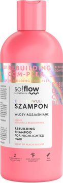 Różowy szampon so!flow REBUILDING COM-PLEX do włosów rozjaśnianych, zapach brzoskwiniowy, widok z przodu.