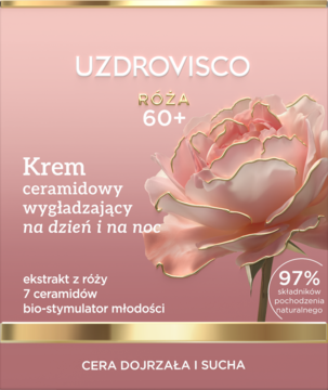 Krem UZDROVISCO RÓŻA 60+ ceramidowy wygładzający z ekstraktem z róży, na różowym tle ze złotym paskiem.