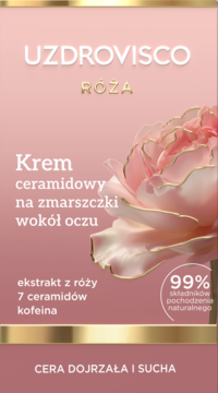 UZDROVISCO RÓŻA, krem ceramidowy na zmarszczki wokół oczu. Różowo-złote opakowanie z różą, dla cery suchej.