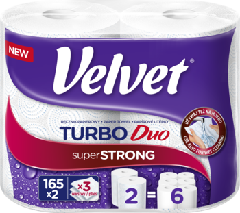 Fioletowo-białe opakowanie ręczników papierowych Velvet Turbo Duo. Widoczne 2 mocne rolki 3-warstwowe, 165 arkuszy.