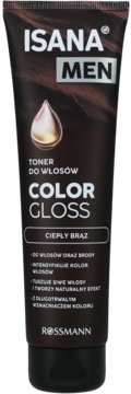 Isana Men Color Gloss toner do włosów Ciepły Brąz w ciemnej tubce, widok z przodu, z grafiką złotej kropli.