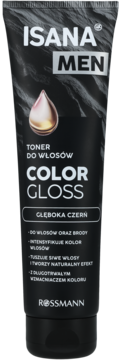 Czarna tuba Isana Men toner do włosów Color Gloss Głęboka Czerń, przód opakowania z kroplą.