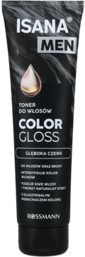 Czarna tuba Isana Men toner do włosów Color Gloss Głęboka Czerń, przód opakowania z kroplą.