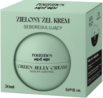 Jasnozielony karton Routines Next Gen Green Jelly Cream, seboregulujący żel krem, z okrągłym wycięciem, widok z przodu.