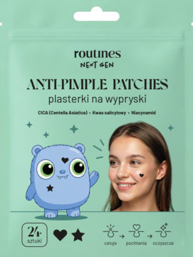 Miętowe opakowanie plastrów na wypryski Routines z kwasem salicylowym i niacynamidem, widok z przodu.