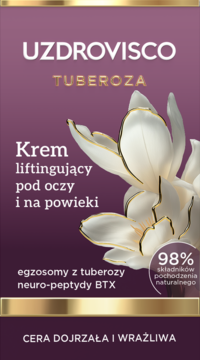 UZDROVISCO TUBEROZA krem liftingujący pod oczy dla cery dojrzałej, fioletowe opakowanie z kwiatem tuberozy.