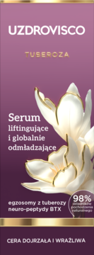 Fioletowe serum liftingujące UZDROVISCO TUSEROZA, z białym kwiatem tuberozy i złotymi napisami, widok z przodu.