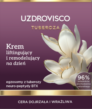 Krem UZDROVISCO Tuberoza liftingujący i remodelujący na dzień, do cery dojrzałej, fioletowe opakowanie z kwiatem.