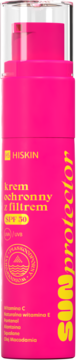 Hiskin SUN protector SPF 50 w jaskrawej różowej butelce z pompką, widok z przodu, żółte napisy.