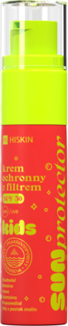 HISKIN SUNprotector Kids SPF 50 krem ochronny, butelka neonowo-żółta i czerwona, z pompką, widok z przodu.