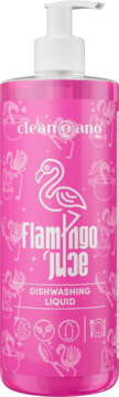 Clean O Ano Flamingo Juice różowy płyn do naczyń z pompką, widok z przodu. 95% naturalny, egzotyczny zapach.