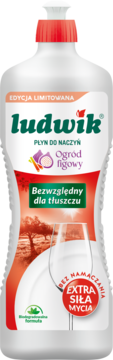 Ludwik płyn do naczyń Ogród figowy, biała butelka z czerwoną etykietą, edycja limitowana, widok z przodu.