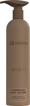Balsam nawilżający HiSkin MINJI w beżowej butelce z pompką, z masłem shea i ryżowym mlekiem, ujęcie frontalne.