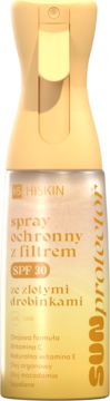 Żółty spray ochronny HISKIN Sunprotector SPF 30 z rozświetlającymi złotymi drobinkami, widok z przodu.