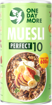 Zielona puszka ONE DAY MORE MUESLI PERFECT 10, 600g. Z przodu miska musli z figami, bananami, śliwkami i jogurtem.