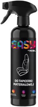 Czarna butelka spray ADBL Easy do tapicerki materiałowej, z kolorowym logo i rysunkiem fotela samochodowego.