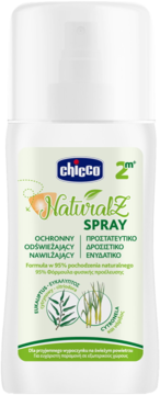 Chicco NaturalZ spray ochronny, odświeżający i nawilżający, biała butelka, eukaliptus i cytronela.