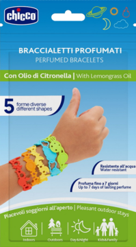 Chicco NaturalZ, 5 kolorowych silikonowych bransoletek z cytronellą, na ręce dziecka, różne kształty.