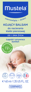 Mustela Kojący Balsam do nacierania klatki piersiowej 40ml. Opakowanie z dzieckiem i aromatem sosny.