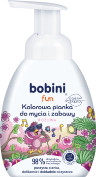Bobini Fun różowa pianka do mycia dla dzieci, biała butelka z pompką, widok z przodu, z grafiką ptaszka.