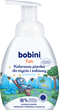 Bobini Fun niebieska pianka do mycia i zabawy, biała butelka z pompką, ilustracja kameleona, napis NIEBIESKA.