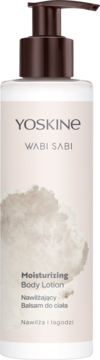 Yoskine Wabi Sabi Nawilżający Balsam do ciała w białej butelce z brązową pompką, widok frontowy.