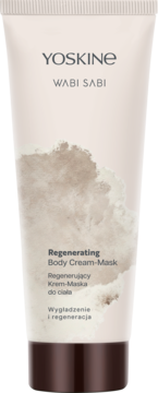 Yoskine Wabi Sabi Regenerating Body Cream-Mask w beżowej tubie z brązowym wzorem i ciemną zakrętką.