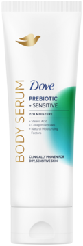 Dove Body Serum Prebiotic + Sensitive, biała tubka ze złotym logo, nawilżające do skóry suchej, wrażliwej, widok z przodu.