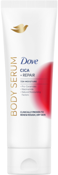 Dove Body Serum Cica + Repair, biała tubka z czerwonym akcentem, przód, z logo Dove i informacją o 72h nawilżeniu.