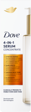 Dove 4-in-1 Serum Concentrate w białym kartoniku z pompką, widok z przodu. Redukuje rozstępy, plamy, nierówny koloryt.