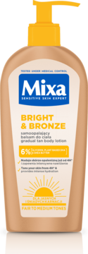 Mixa Bright & Bronze samoopalający balsam do ciała, w beżowej butelce z żółtą pompką, dla jasnych karnacji.