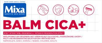 Mixa Balm Cica+ etykieta produktu z niebieskim logo i czerwonym napisem, multi-use balsam regenerujący dla całej rodziny.