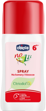 Chicco NoZZZ spray na komary i kleszcze dla dzieci 6m+, biała butelka, czerwona nakrętka, z przodu.