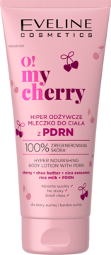 Eveline O! My Cherry, różowa tubka mleczka do ciała z PDRN, intensywnie odżywcze, z grafiką czereśni, widok z przodu.