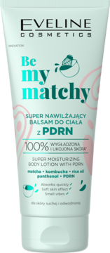 Biała tubka Eveline Be my matchy, super nawilżający balsam do ciała z PDRN i matchą, widok z przodu.