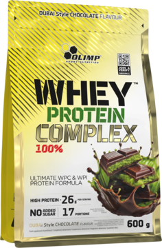 Olimp Whey Protein Complex 100% Dubai Style Chocolate, 600g, żółto-złote opakowanie z grafiką czekolady, widok z przodu.