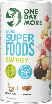 Biała puszka muesli One Day More Superfoods Energy. Widok z przodu, z napisem: "Bez Dodatku Cukru", nerkowcami i guaraną.