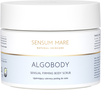 Sensum Mare Algobody ujędrniający cukrowy peeling do ciała w białym słoiku ze złoto-niebieską etykietą, widok z przodu.