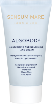 SENSUM MARE ALGOBODY nawilżający krem do rąk, jasnoniebieska tubka z białym korkiem, widok z przodu.