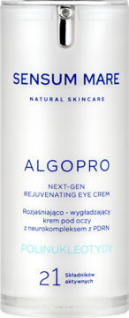 Biała butelka SENSUM MARE ALGOPRO, rozjaśniająco-wygładzający krem pod oczy z PDRN, widok z przodu.