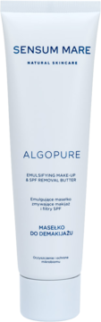 Biała tubka Sensum Mare Algopure Masełko do demakijażu z niebieskimi napisami, widok z przodu.