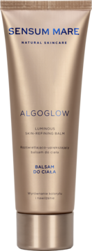 Sensum Mare ALGOGLOW Luminous Skin-Refining Balm, złota tubka na ciało z niebieskimi napisami, przód.