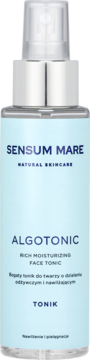 Sensum Mare Algotonic: bogaty tonik do twarzy z algami w błękitnej butelce z atomizerem, widok z przodu.