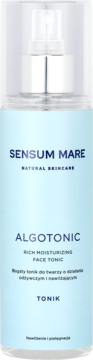Sensum Mare ALGO TONIC, nawilżający tonik do twarzy w jasnoniebieskiej butelce z atomizerem, widok z przodu.